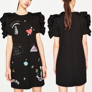 NWT Zara Black Frills and Patches Dress Size Small